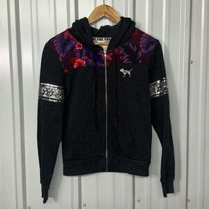 Victoria’s Secret Pink Floral Tropical Sequin Bling Hoodie Sweatshirt Women XS